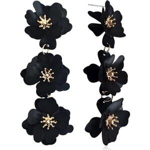 Boho Triple Flower Drop Earrings Long Matte Floral Dangle Black Floral Earrings